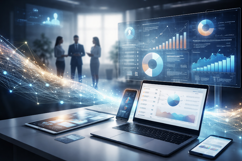 Modern workspace displaying interconnected analytics dashboards across laptop, tablet, and mobile devices with visualized marketing metrics, customer insights, and performance data, representing AI-powered analytics, data-driven marketing strategy, and enterprise business intelligence.