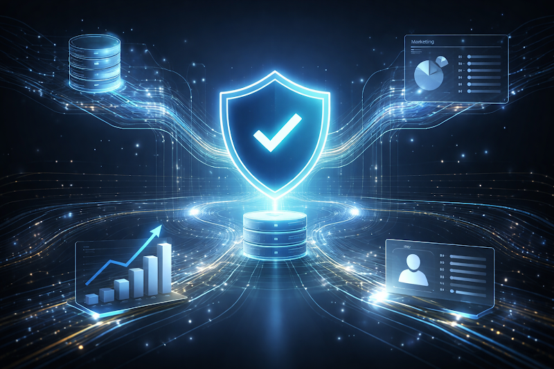 Futuristic digital illustration of a cybersecurity shield protecting enterprise data systems, with connected analytics dashboards, marketing insights, customer profiles, and growth metrics, representing secure data infrastructure, AI-powered analytics, and trusted enterprise marketing intelligence.