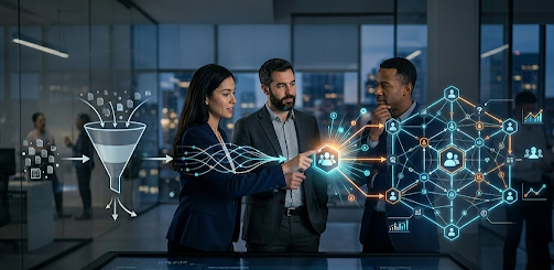 A professional team collaborates using advanced AI-driven analytics to map buying groups, analyse intent signals, and optimise account-based marketing strategies for improved engagement and pipeline growth.