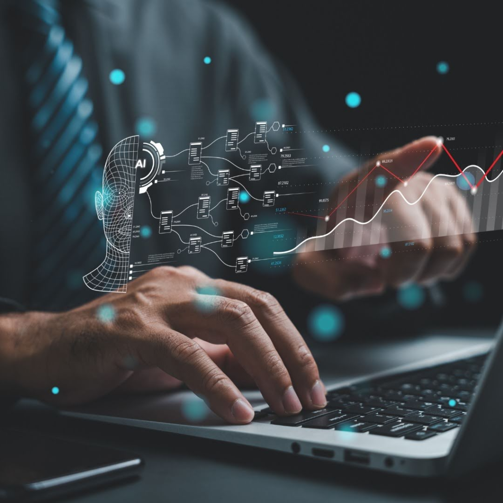 A futuristic artificial intelligence and business intelligence concept showing a professional using a laptop with AI-driven analytics, predictive data models and performance graphs, representing digital transformation, machine learning and data-driven decision-making.