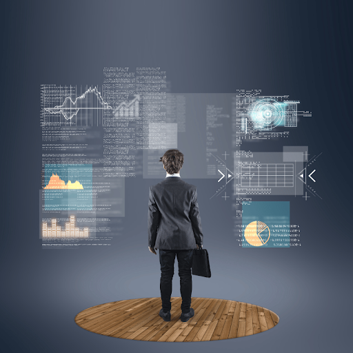 Business professional viewing digital dashboards, analytics charts, and data intelligence systems.