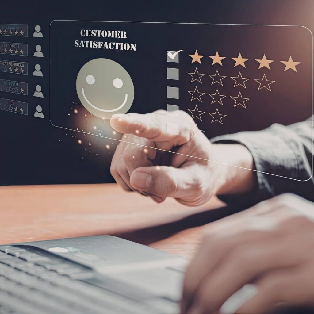 A digital customer satisfaction and feedback concept featuring a business professional interacting with a five-star rating interface, representing customer experience management, service quality evaluation and client engagement analytics.