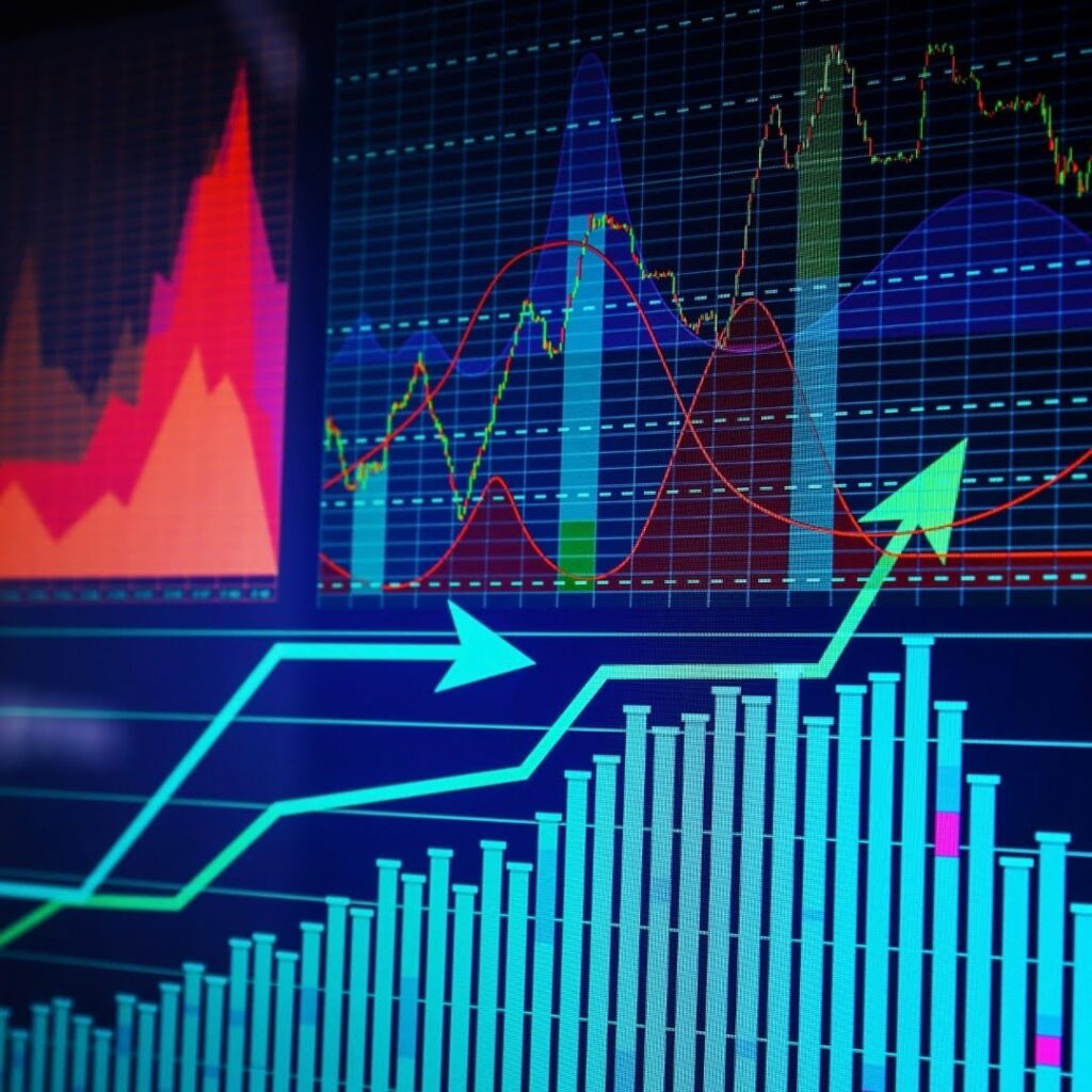 A high-tech financial analytics display featuring stock market charts, performance tracking graphs and upward growth indicators, representing data-driven business intelligence, investment analysis and digital revenue performance.