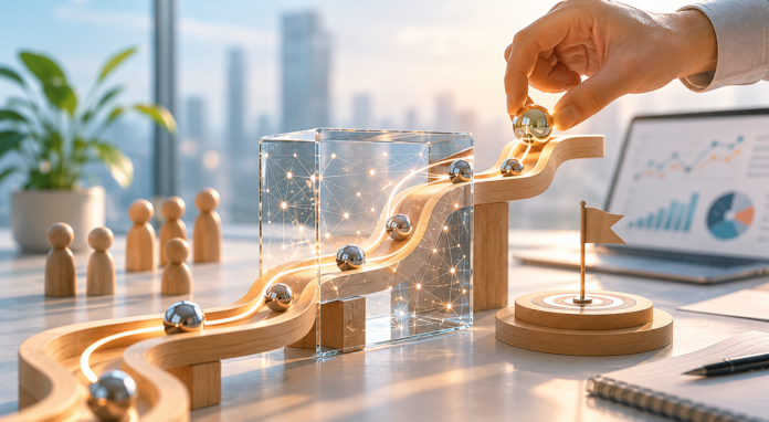 A visual representation of AI-powered buyer journey orchestration, showing customer engagement pathways, predictive analytics, and data-driven decision-making guiding prospects toward revenue growth, demand generation success, and business outcomes.