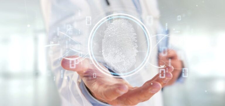 A professional using a futuristic digital fingerprint interface, representing biometric authentication, identity verification, data security and access control technology.