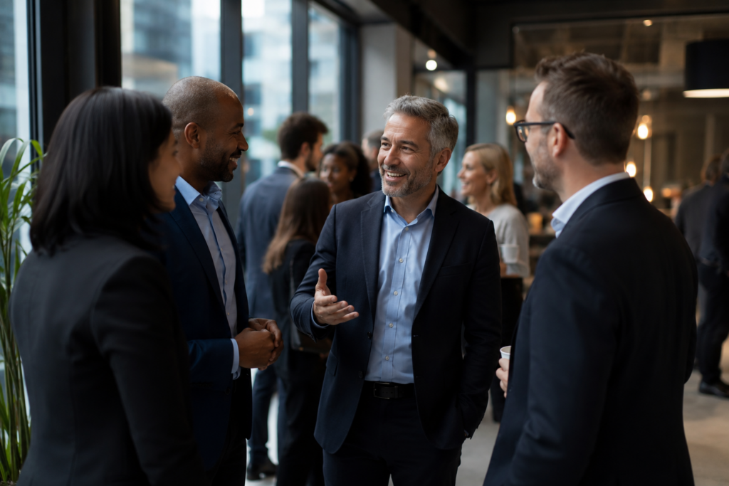 Senior business leaders building trusted professional relationships through face-to-face conversations at an enterprise technology networking event.