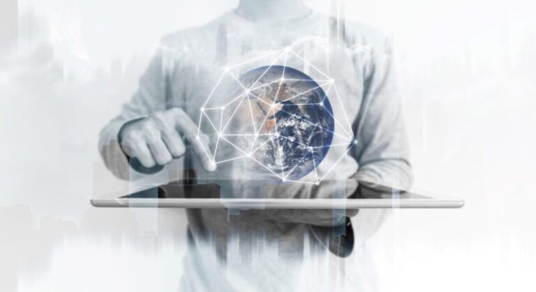 Business professional using a tablet to interact with a connected digital globe, representing global technology, data intelligence, digital transformation and enterprise connectivity.