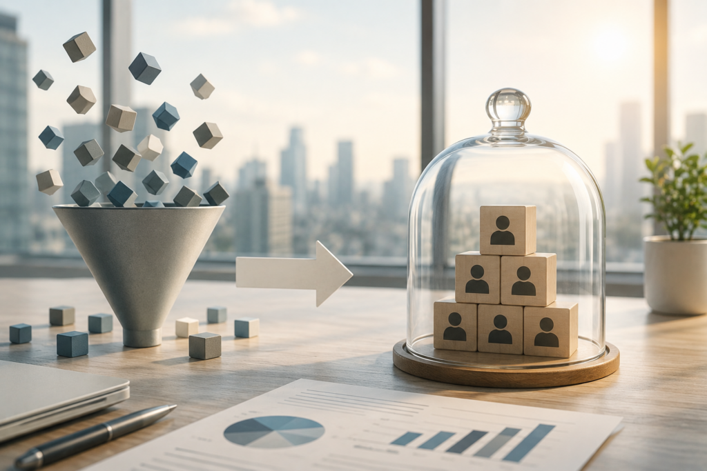 A conceptual illustration of audience segmentation and lead qualification, showing unstructured prospect data being filtered into a defined group of high-value target accounts for account-based marketing, demand generation, and sales intelligence.