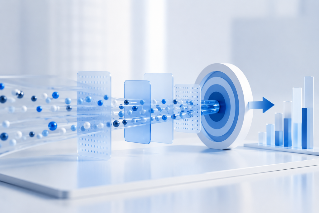 A visual representation of AI-powered data intelligence, where buyer signals and marketing data are filtered through advanced analytics and targeting models to achieve revenue growth, demand generation, lead qualification, and business performance optimisation.