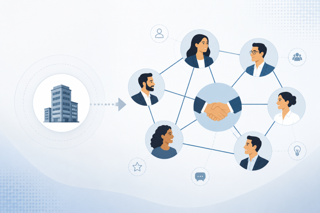 Illustration showing an enterprise connected to a network of decision-makers, industry professionals and trusted business relationships.
