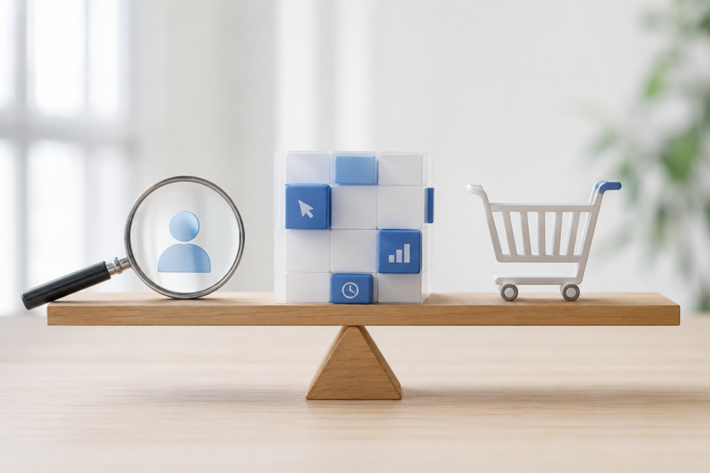 Magnifying glass, data cube and shopping cart visualising B2B buyer intent data and digital buying signals.