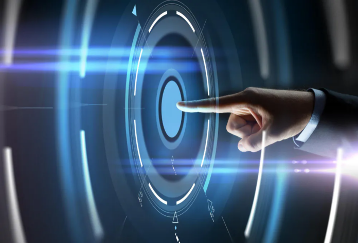 A business professional interacts with a futuristic digital touchscreen interface featuring glowing blue circular elements, representing digital transformation, automation, AI technology, cybersecurity, innovation, and modern business solutions.