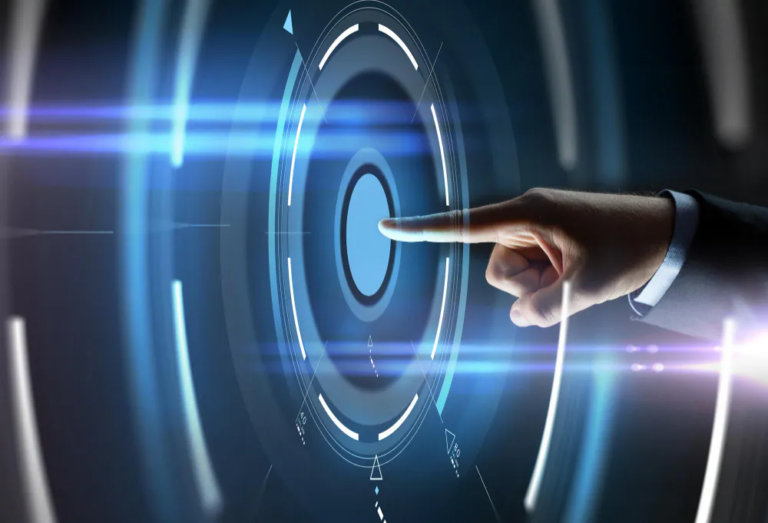 A business professional interacts with a futuristic digital touchscreen interface featuring glowing blue circular elements, representing digital transformation, automation, AI technology, cybersecurity, innovation, and modern business solutions.