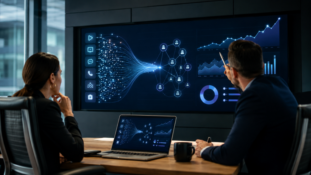 B2B executives analysing digital buying signals, intent data and performance dashboards in a modern boardroom.