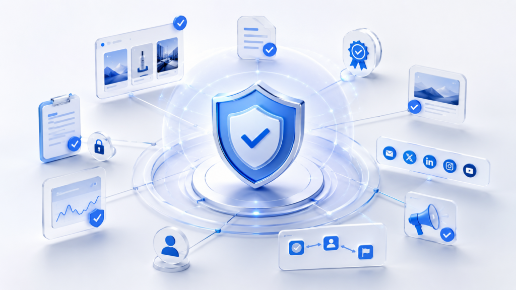 A 3D digital security shield representing content verification, data protection, brand safety and secure multichannel marketing operations.