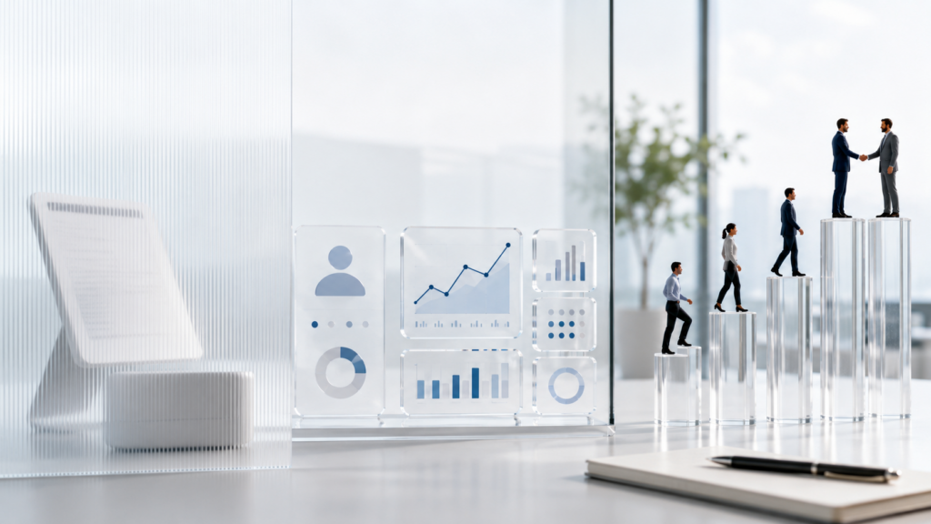 Business professionals climbing data columns beside analytics dashboards showing B2B pipeline growth.