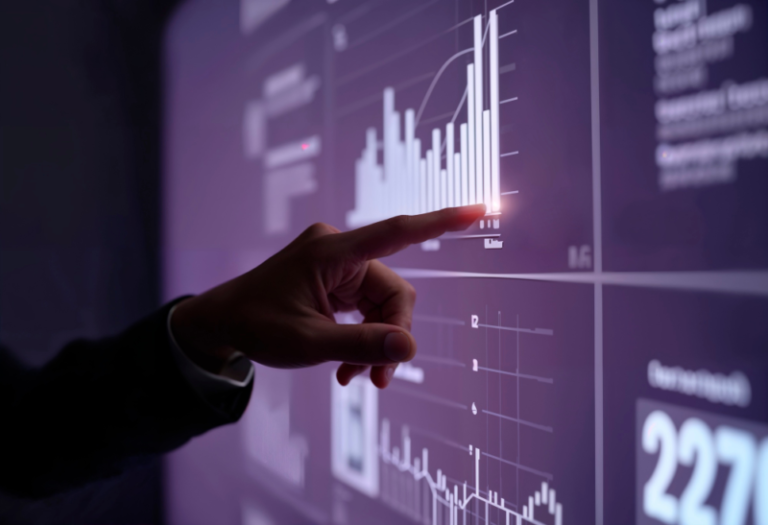A business professional interacts with an advanced digital dashboard displaying performance metrics, growth charts and real-time data insights to support data-driven decision-making.