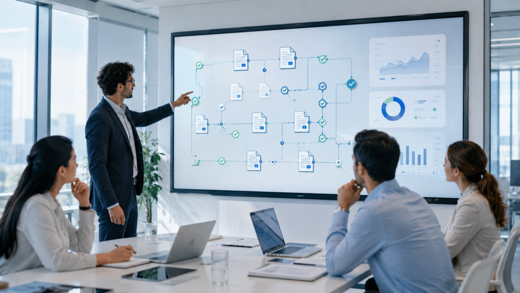 A business team analyses a connected content workflow, document approvals and performance data during a strategy presentation.