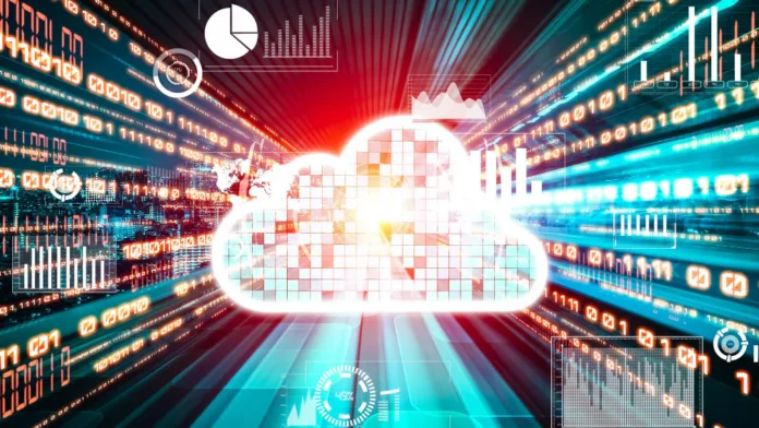 Digital cloud computing environment visualising real-time data analytics, business intelligence dashboards and connected digital infrastructure.