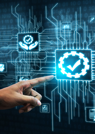 Technology illustration representing digital quality assurance, compliance, process verification and performance management through automated systems and data-driven workflows.