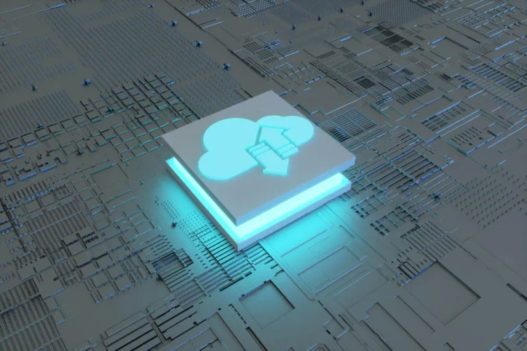A futuristic visualization of cloud computing infrastructure featuring a glowing cloud platform integrated with digital circuits, representing enterprise cloud technology, scalable infrastructure, data connectivity, and modern digital transformation.