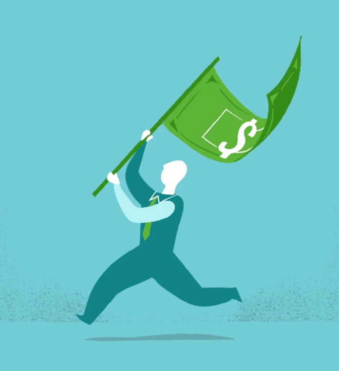 Businessman waving dollar bill flag representing financial success and business growth