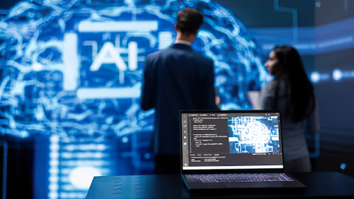 Enterprise Technology Professionals Analysing Artificial Intelligence Systems and AI Development on Laptop