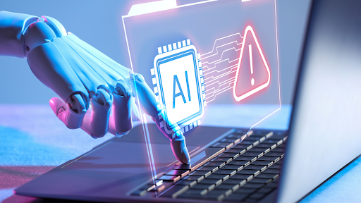 Robotic Hand Using Laptop with AI Security Warning and Cybersecurity Risk Alert